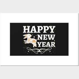 Happy New Year white and gold rabbit, black desing Posters and Art